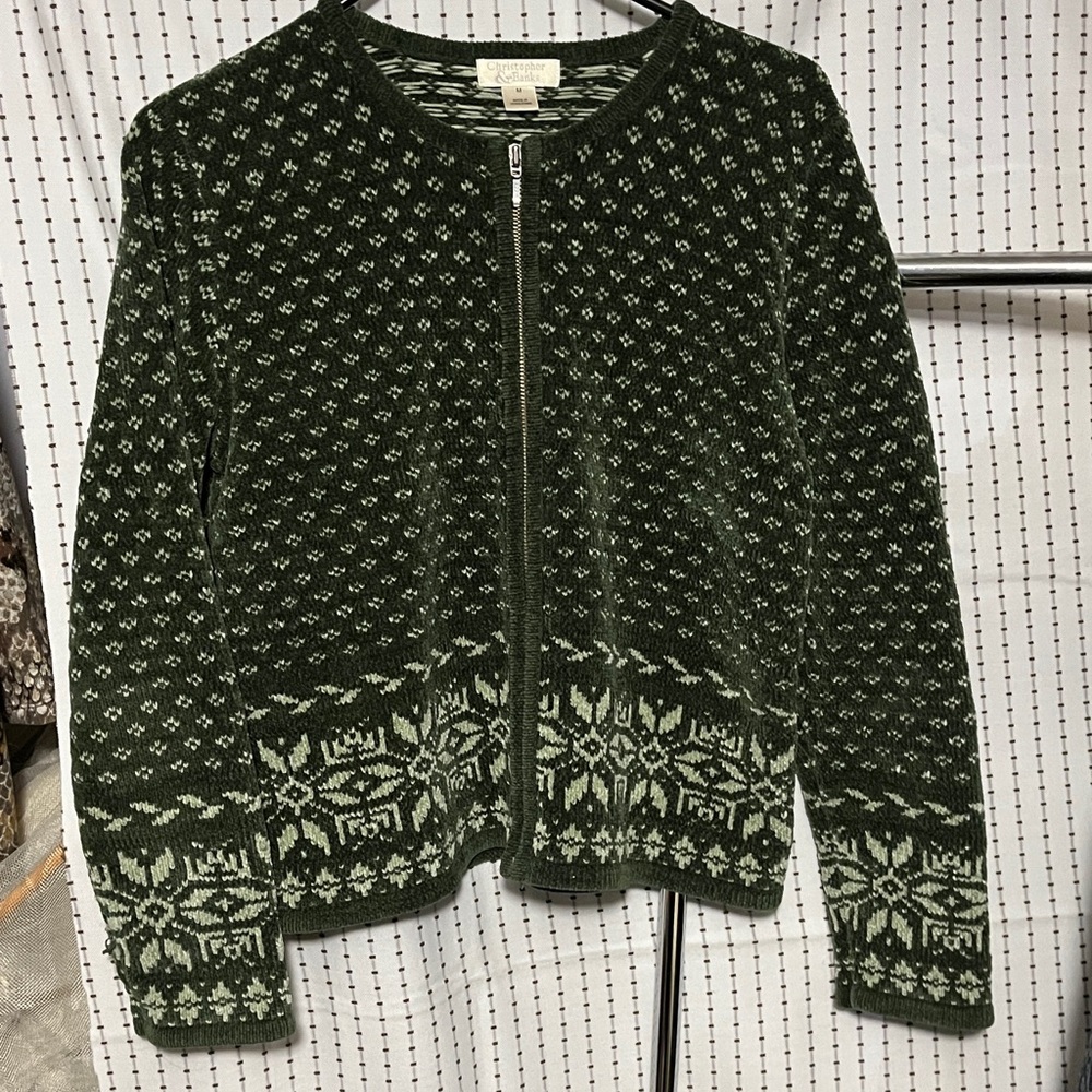 Christopher & Banks Zip Up cardigan chenille sweater in dark and light green